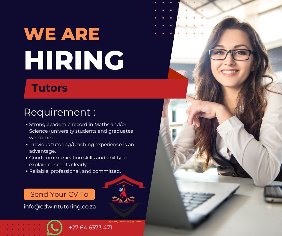 NationRiseZA's tweet image. 🌟 We’re Hiring Tutors! 🌟
Passionate about helping learners succeed? Join our team and make a real difference!
📚 Subjects: Maths &amp;amp; Science | 💻 Online &amp;amp; In-person