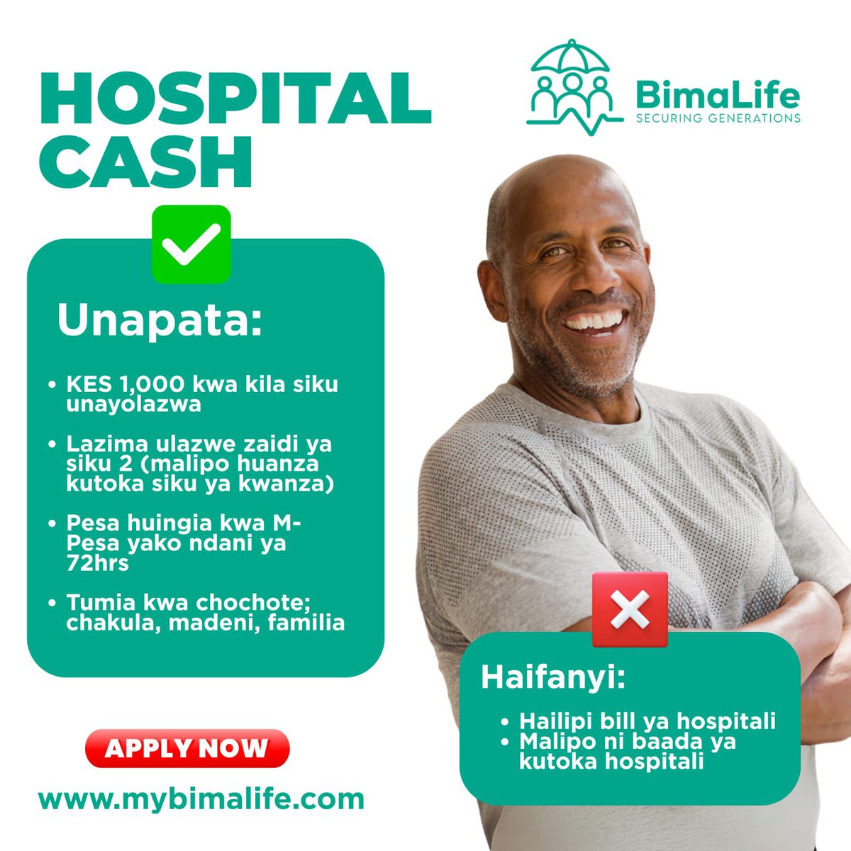 Hospital stays shouldn’t mean broke days. Earn KSh 1,000 daily while admitted (up to 50 days). Anyone 18–75 can join for only KSh 1,050/year. 15-day wait. 
Apply: mybimalife.com @mybimalife”