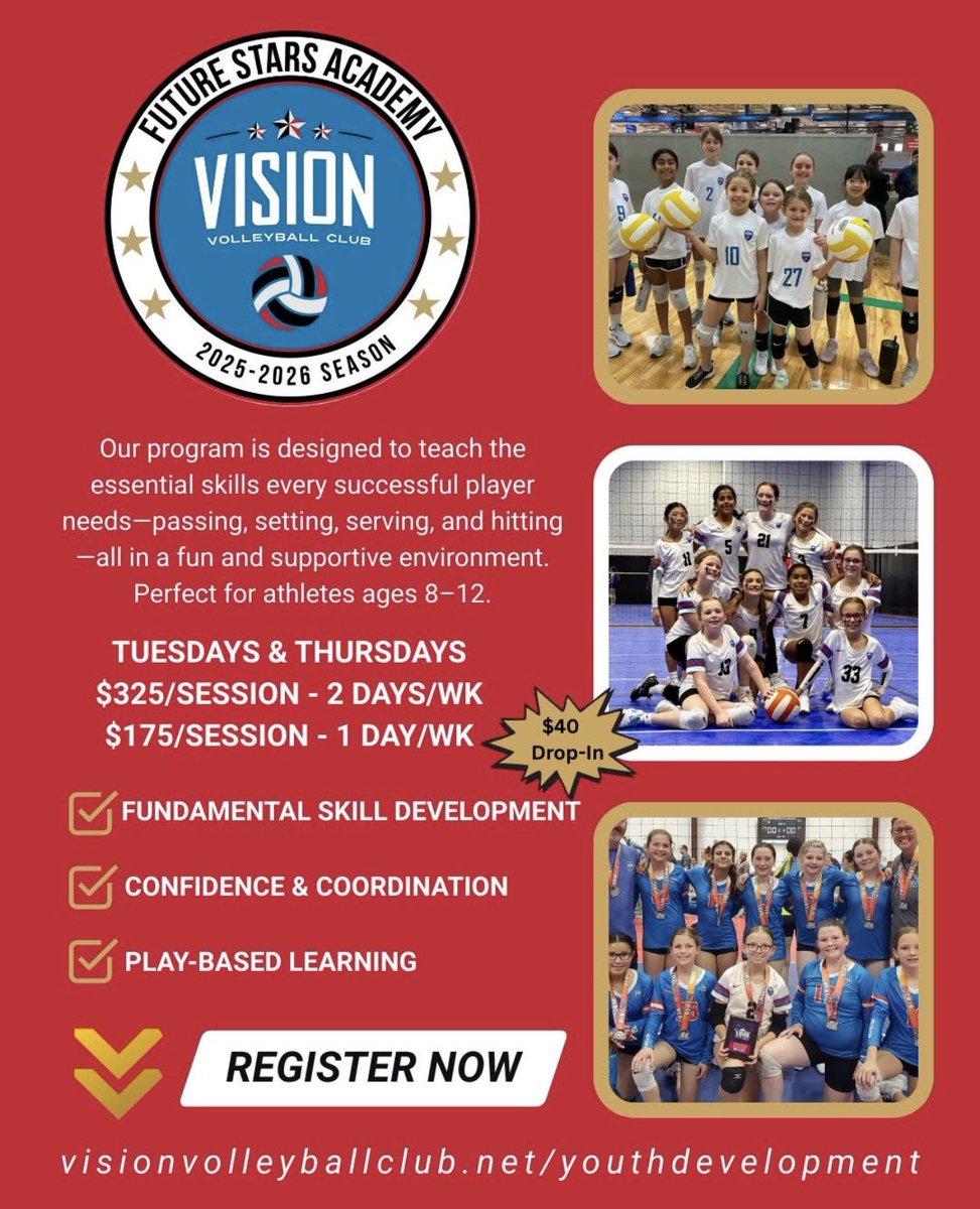 VisionVBClub1's tweet image. 🚨 Future Stars Session Two starts in 2 WEEKS! 

📅 Oct 14–Nov 20 | Ages 8–12
 
Session One was incredible! Our athletes have been growing, gaining confidence, and loving every moment. Now it’s your turn to join the fun—spots are going FAST!

⏩ Register: visionvolleyballclub.net/youthdevelopme…