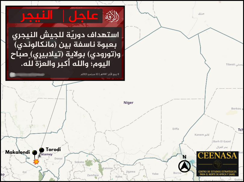 CEENASA396971's tweet photo. #NIGER 🇳🇪
On Sept 30, the #JNIM claimed to have targeted a #FAN patrol with an IED, between #Torodi and #Makalondi, in #Tillabéri province, in the morning. https://t.co/aXAwJjX2ye