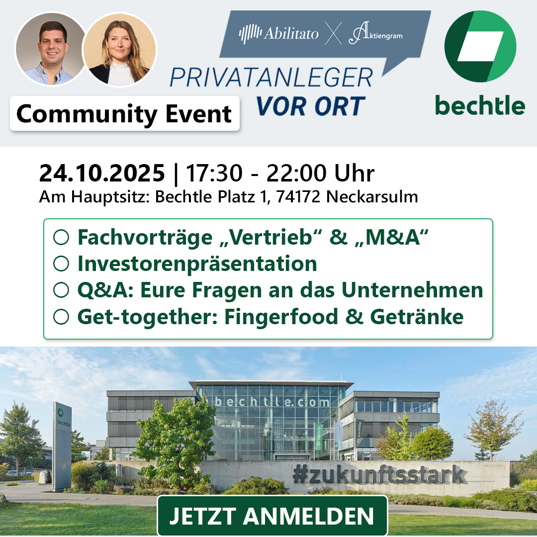 Last Call: Jetzt für das nächste Vor Ort Event bei der Bechtle AG anmelden, bevor wir ausgebucht sind:

- Freitag, 24. Oktober 2025
- 17:30 bis 22:00 Uhr 
- Am Hauptsitz der Bechtle AG in Neckarsulm 

Die Agenda:

✅Einzigartige Gelegenheit, die Bechtle AG vor Ort kennenzulernen
