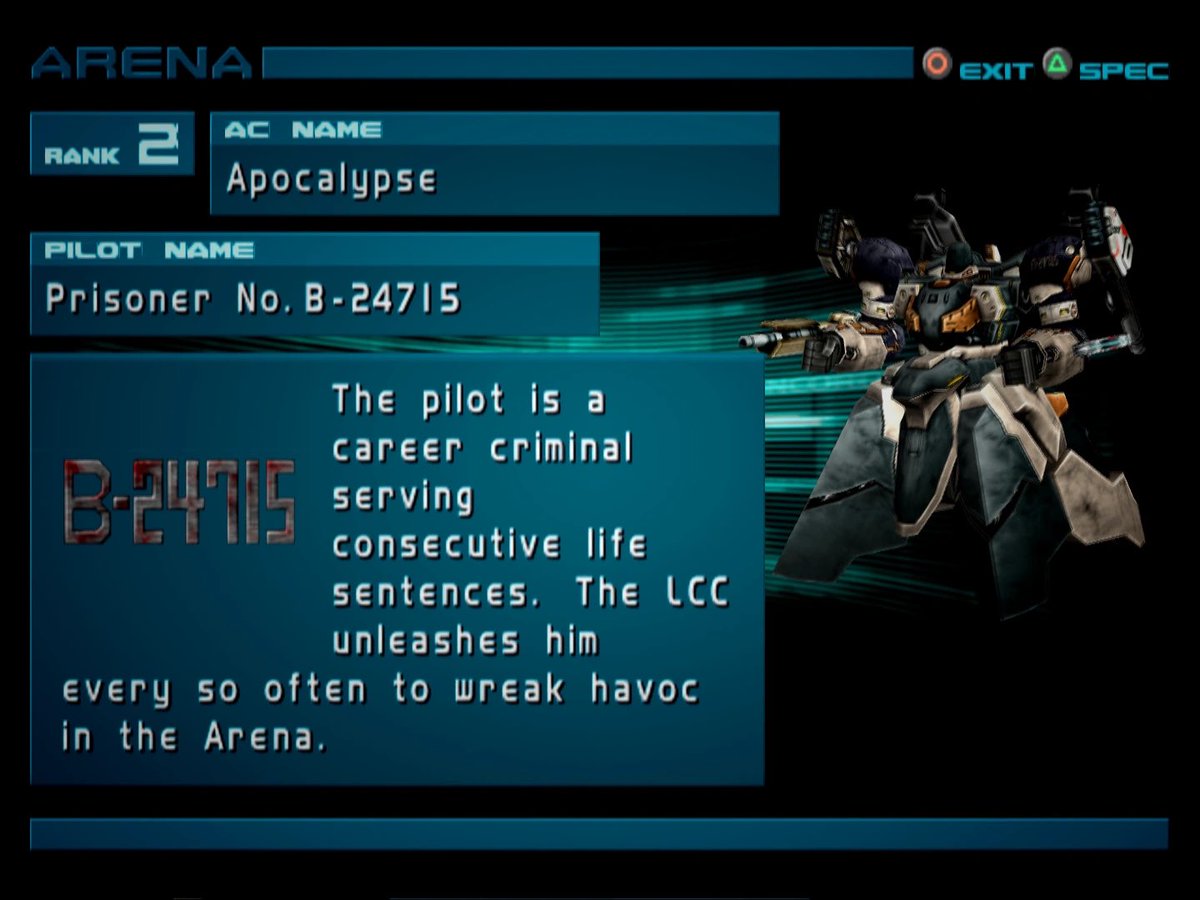 NEST_Computer's tweet image. 囚人番号B-24715

AC2に登場するランカーレイヴン。愛機はAP9,000超え、グレネードガン積みのフロートAC『アポカリプス』。
約一億年の懲役が課された囚人というすごい設定の持ち主。
ランカーとしてはぶっちゃけ1位のアレスより強い。この際プライドは抜きにすればエリアオーバーを狙えるが……。