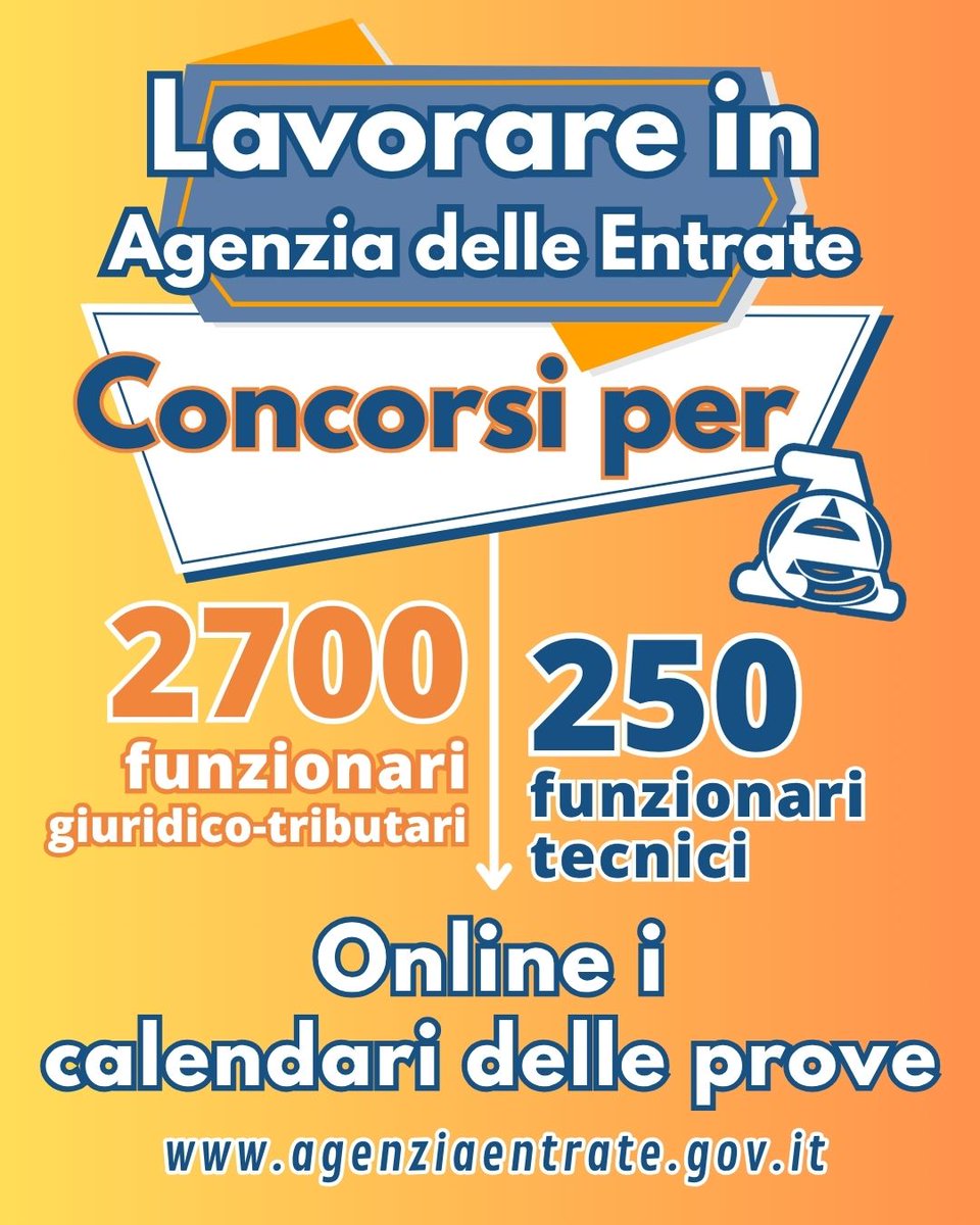 Agenzia_Entrate's tweet image. #Concorsi per 2.700 funzionari #tributari e 250 funzionari #tecnici: online i calendari delle prove scritte. Cerchio rosso sull’ultima settimana di ottobre. Qui tutte le info 👉  bit.ly/4gPlewG 
#EntrateinAgenzia
