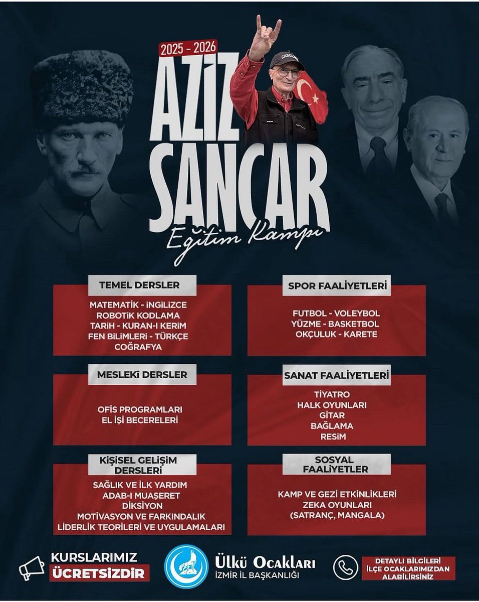 İzmir Ülkü Ocakları Asena Birimi (@izmiruoab2025) on Twitter photo 📚 Aziz Sancar Eğitim Kampı 📚
İzmir Ülkü Ocakları olarak başlatmış olduğumuz eğitim kampı ve kurslarımızın kayıtları başlamıştır!
Katılmak için İl ve İlçe Ocaklarımızından bilgi alabilirsiniz. 
<a href="/DuruEfee/">Duru Efe</a> 
<a href="/burakkilictc/">Burak KILIÇ</a> 
<a href="/hilalaras35/">Hilâl ARAS</a> 📚 Aziz Sancar Eğitim Kampı 📚
İzmir Ülkü Ocakları olarak başlatmış olduğumuz eğitim kampı ve kurslarımızın kayıtları başlamıştır!
Katılmak için İl ve İlçe Ocaklarımızından bilgi alabilirsiniz. 
<a href="/DuruEfee/">Duru Efe</a> 
<a href="/burakkilictc/">Burak KILIÇ</a> 
<a href="/hilalaras35/">Hilâl ARAS</a>