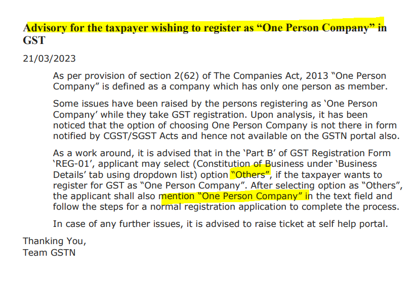 IndianTaxGuide's tweet photo. GST Tip for One Person Company (OPC) GST registration.
Pick "Others" under Business Details &amp; specify "One Person Company". 
#GST #OPC #StartupIndia #GstUPdate #GstRegistration https://t.co/fIs41utd3A