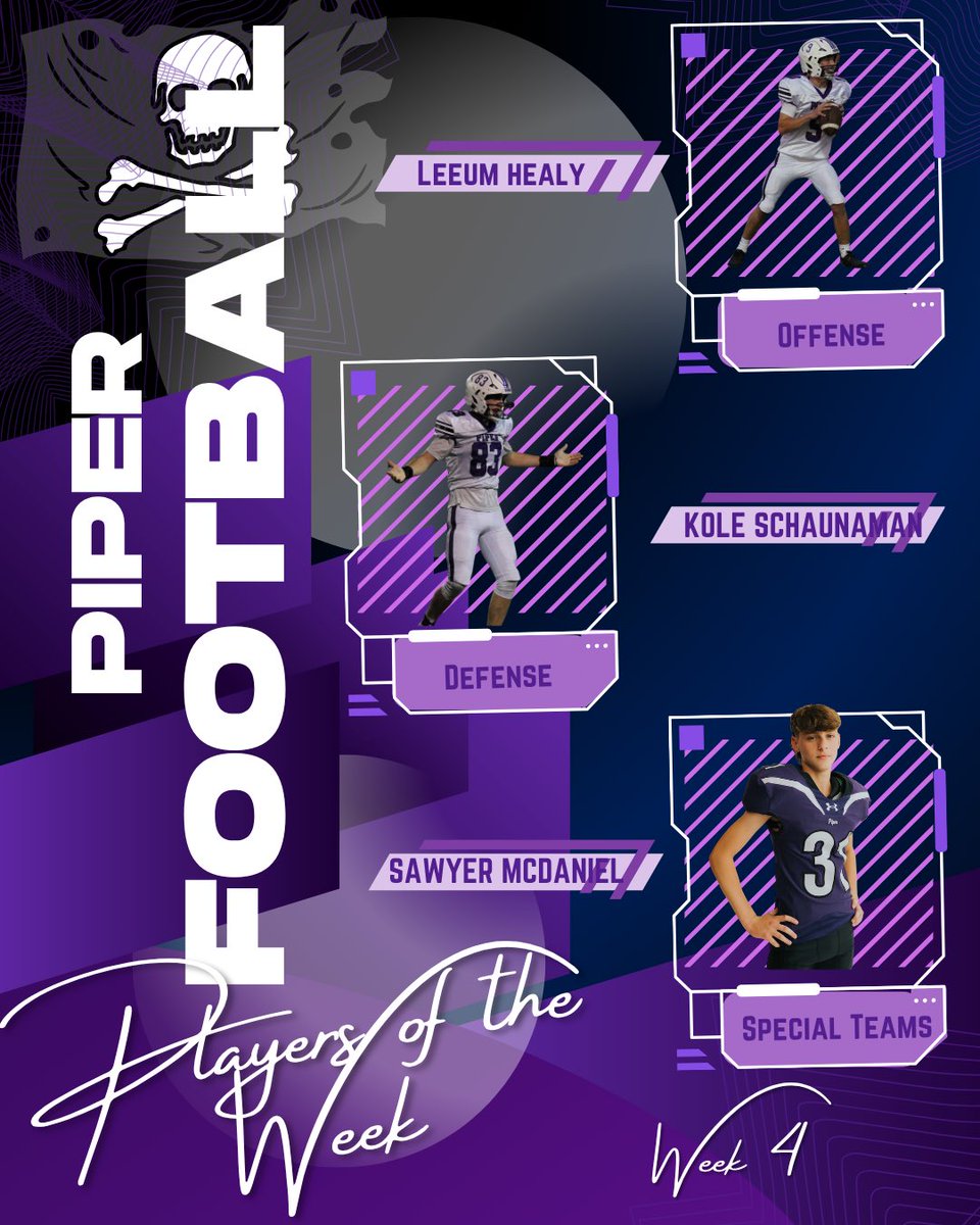 Our week 4 players of the week. Excited to see these guys continue to build off of their great performances! <a href="/PiratesPiperFB/">Piper Pirates Football</a> #Win #BYOE