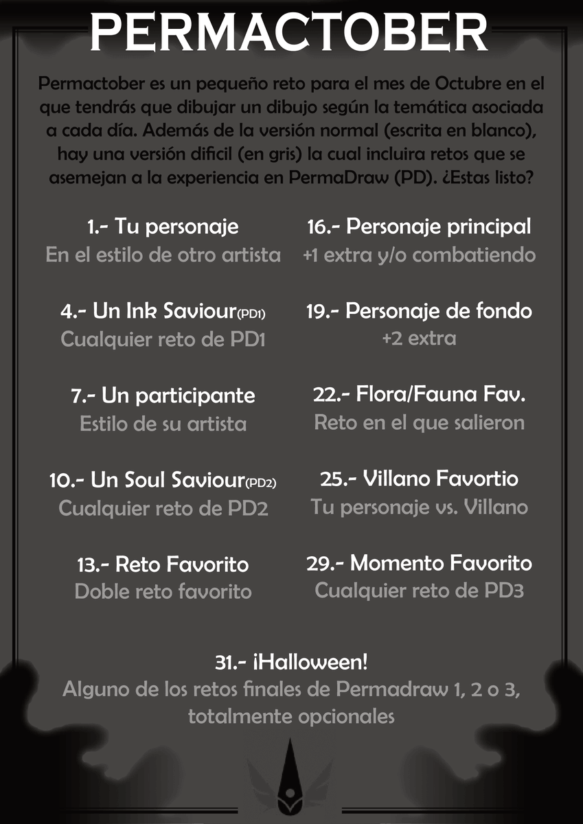 m4rk_gr33n's tweet photo. ¿Te gusta PermaDraw y hechas de menos hacer los retos? Pues te presento... ¡PERMACTOBER!. Es una cosita que he querido hacer para todos los que quieran hacer el reto de dibujar en Octubre y no tengan tanto tiempo/quieran un reto. Para posts usad #Permactober. Dudas ↴
#PermaDraw https://t.co/FlkzZDkCcj