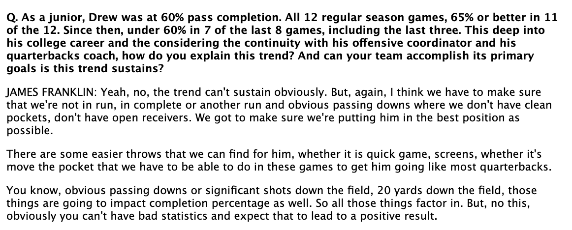 TDsTake's tweet photo. Here is the full answer from James Franklin to my Monday question on Penn State QB Drew Allar's trend of declining success in finding pass targets. https://t.co/p1kOvzCfhT