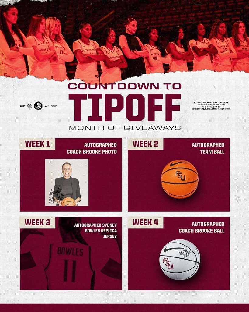 FSU Women's Basketball (@fsuwbb) on Twitter photo The countdown to tipoff is ON, and to celebrate, we're hosting a month of giveaways for season ticket holders!
Β 
To share our excitement, we'll give away one gift a week as we approach tipoff.
Β 
To be entered for a chance to win, you just need to be a Florida State Women's The countdown to tipoff is ON, and to celebrate, we're hosting a month of giveaways for season ticket holders!
Β 
To share our excitement, we'll give away one gift a week as we approach tipoff.
Β 
To be entered for a chance to win, you just need to be a Florida State Women's