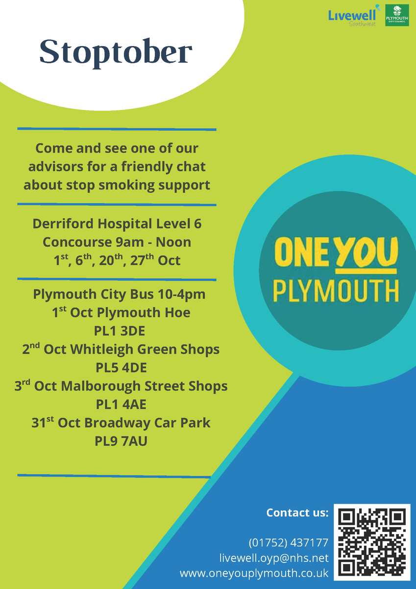 Livewell Workplace Health (Wellbeing at Work) (@wellbeing_work) on Twitter photo 🚭 Stoptober starts today!
Quitting smoking = better health 💚
One You Plymouth is touring the city with support & advice from Stop Smoking Practitioners.
📞 Call 07152 437177 to find out more.
<a href="/livewellsw/">Livewell Southwest</a> <a href="/oneyouplymouth/">One You Plymouth</a> <a href="/PHPlymouth/">Public Health Plymouth</a>
#Stoptober #QuitSmoking #SmokeFree 🚭 Stoptober starts today!
Quitting smoking = better health 💚
One You Plymouth is touring the city with support & advice from Stop Smoking Practitioners.
📞 Call 07152 437177 to find out more.
<a href="/livewellsw/">Livewell Southwest</a> <a href="/oneyouplymouth/">One You Plymouth</a> <a href="/PHPlymouth/">Public Health Plymouth</a>
#Stoptober #QuitSmoking #SmokeFree