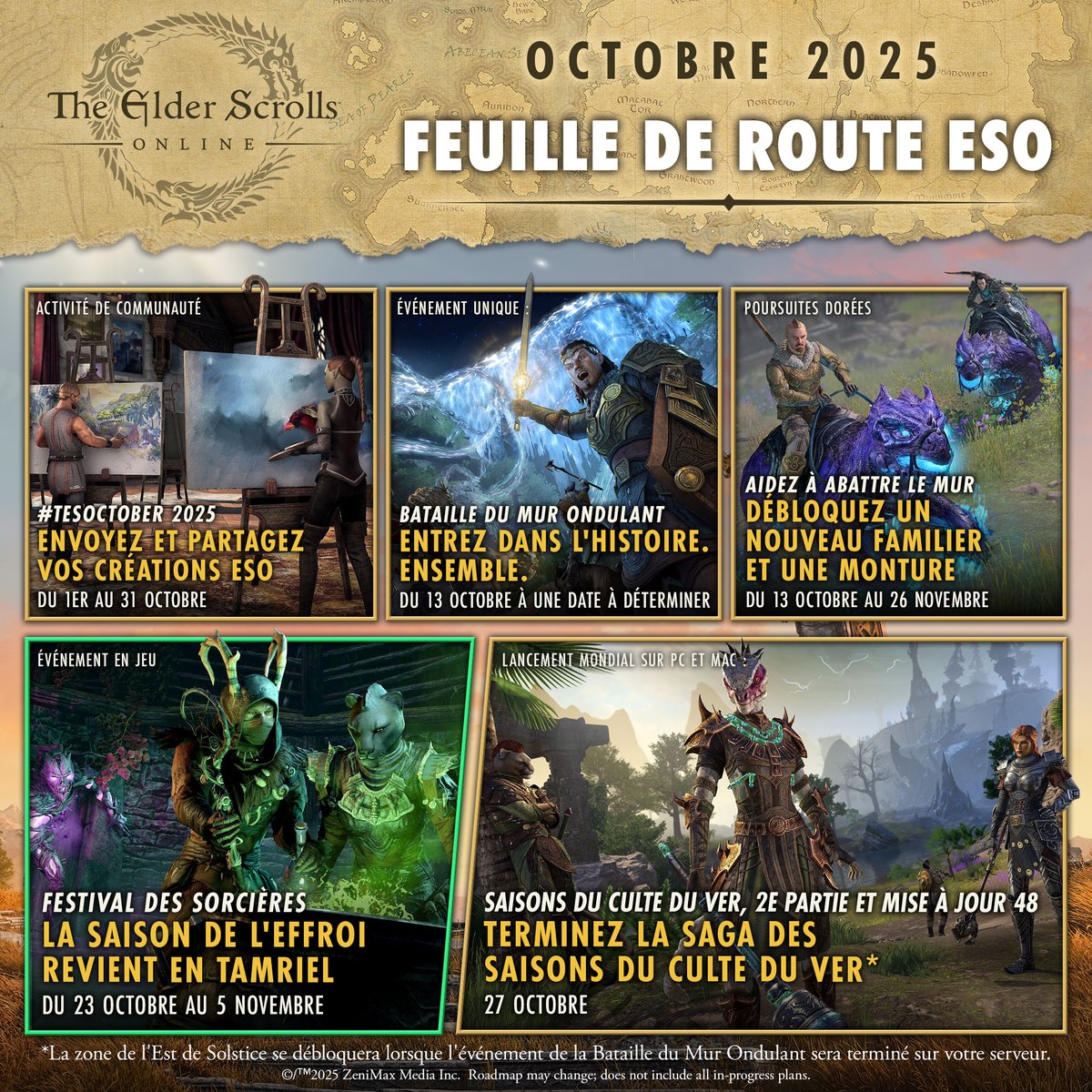 🗓️ OCTOBRE 2025 🗓️
 ✅ Bataille du Mur Ondulant
 ✅ Festival des sorcières
 ✅ Mise à jour 48 et Saisons du Culte du Ver, 2e partie
 
 ... Et d'autres surprises !

beth.games/4gOJNK8