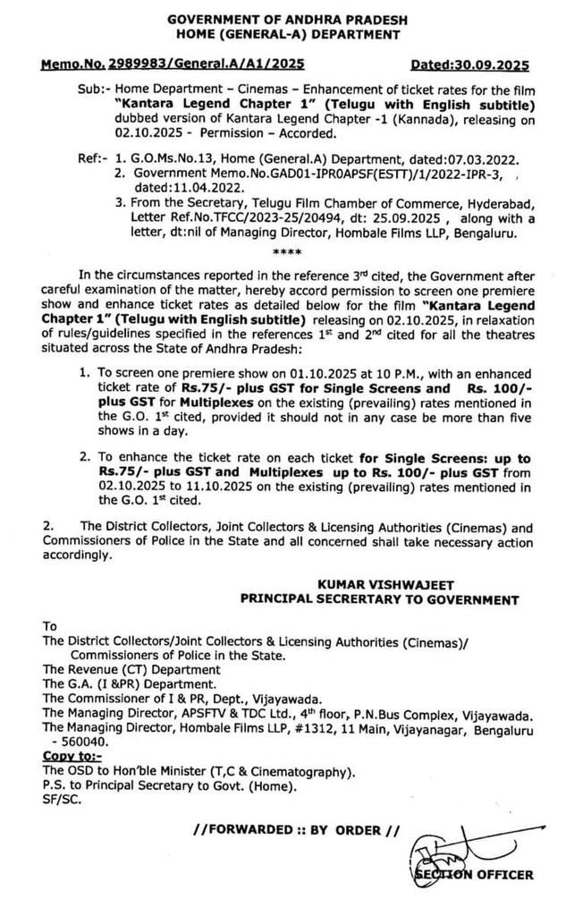 rajeshreddyega's tweet image. Govt. of #AndhraPradesh accords permission for enhanced ticket rates 🎟️

For #KantaraLegendChapter1 (Telugu with English subtitle) releasing on 2nd Oct 2025 

👉 ₹75 + GST #SingleScreens 

👉 ₹100 + GST #Multiplexes

Valid till 11th Oct 2025 🔥

#Kantara #KantaraChapter1