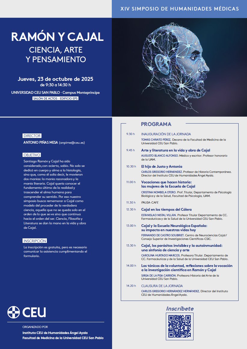 El profesor Antonio Piñas organiza el Simposio Humanidades médicas.

Este año estará dedicada a Santiago Ramón y Cajal. 

Hablaré del hijo de Justo y Antonia. El perfil más humano del premio Nobel

Será en el campus de Montepríncipe <a href="/CeuAyala/">Instituto CEU de Humanidades Ángel Ayala</a> <a href="/uspceumedicina/">USPCEU Medicina</a>