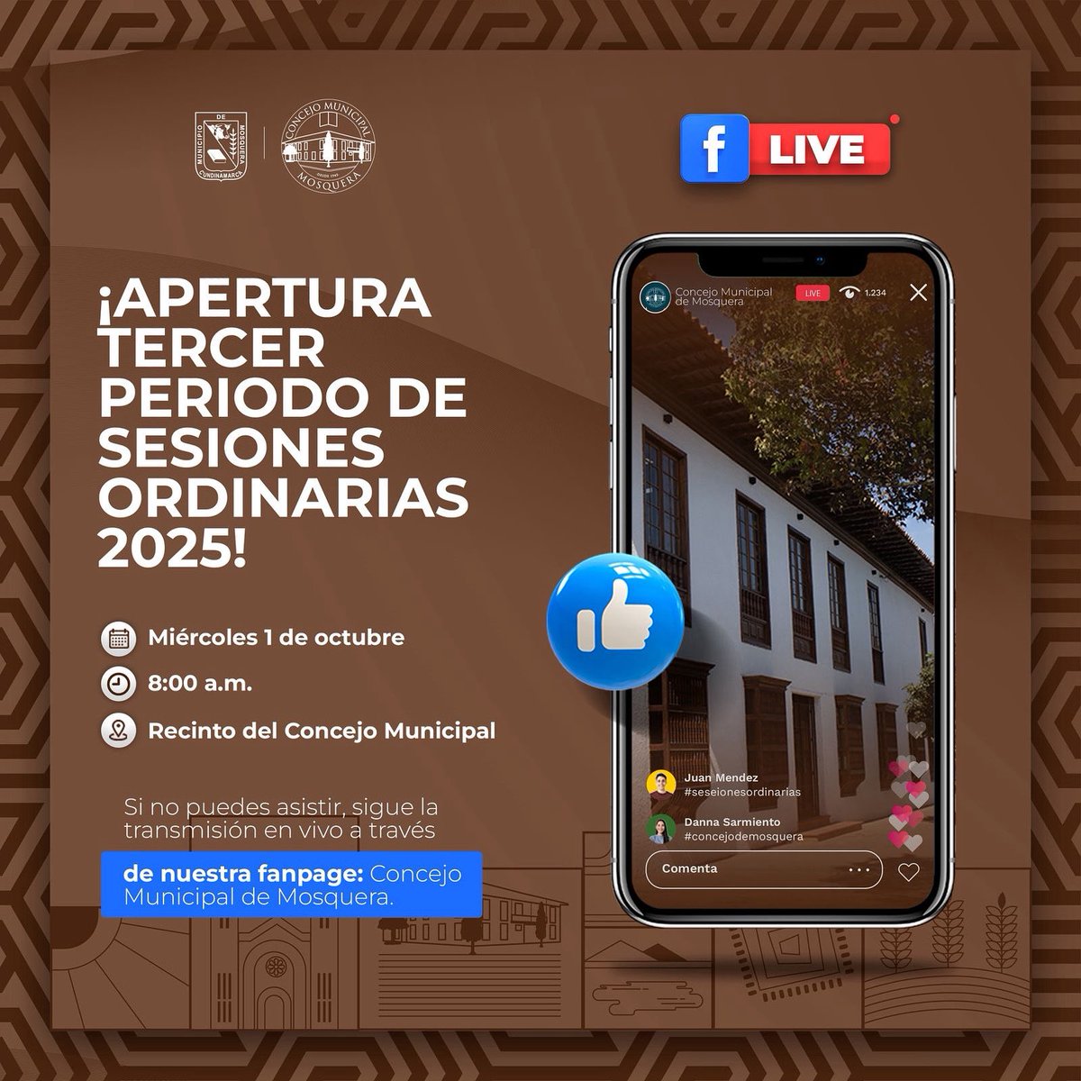 🗓️Mañana, miércoles 1 de octubre
🕗 8:00 a.m.
Daremos apertura al Tercer Período de Sesiones Ordinarias 2025 del Concejo Municipal de Mosquera.

📲Acompáñanos en vivo en la transmisión de esta instalación.