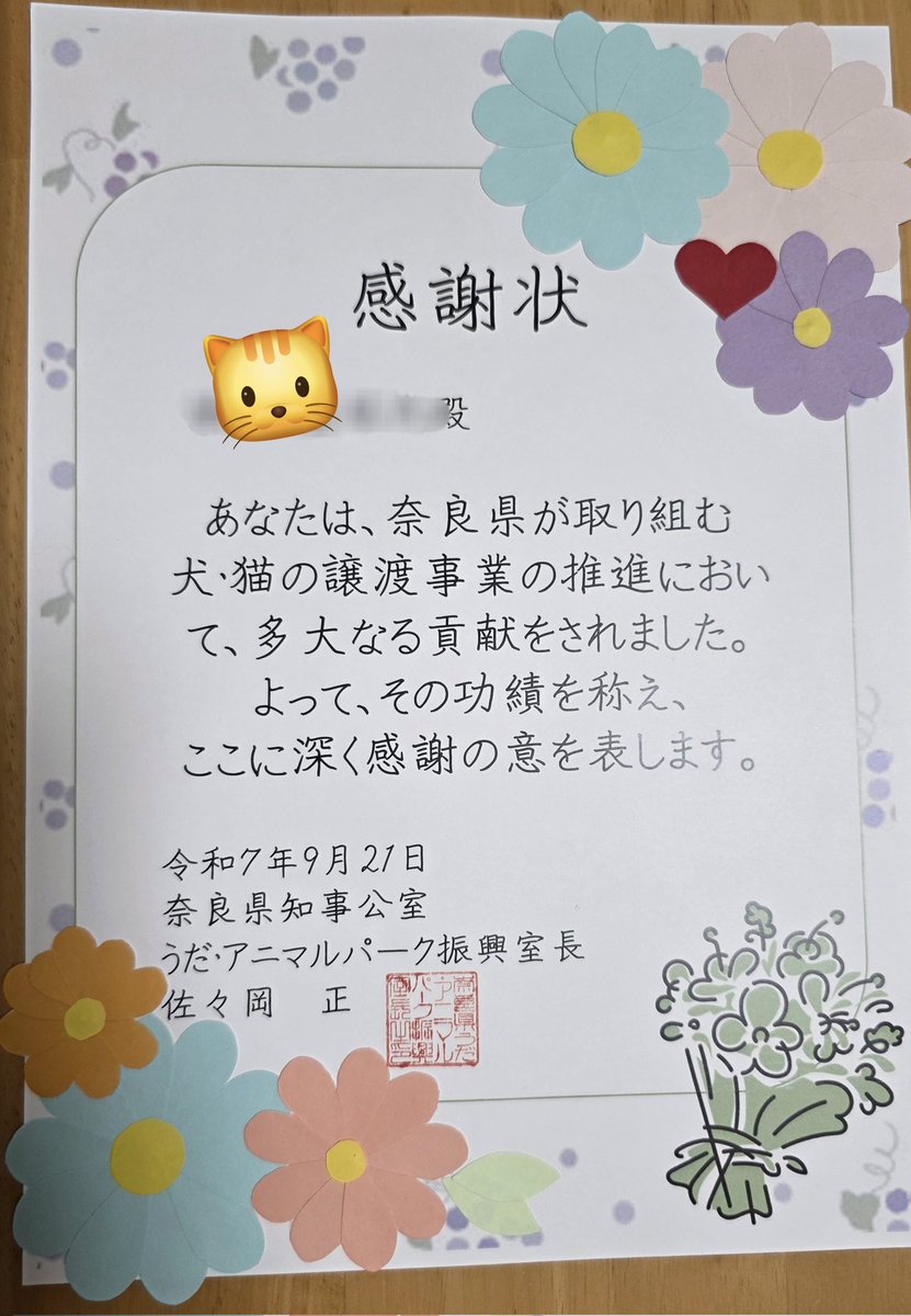 奈良県愛護センターから頂きました(*^^*)
こんな風に頂いたの初めて
ミルボラをしていて認めて貰えたようで嬉しいです🎵😍🎵
まだまだ頑張らねば
o(｀^´*)