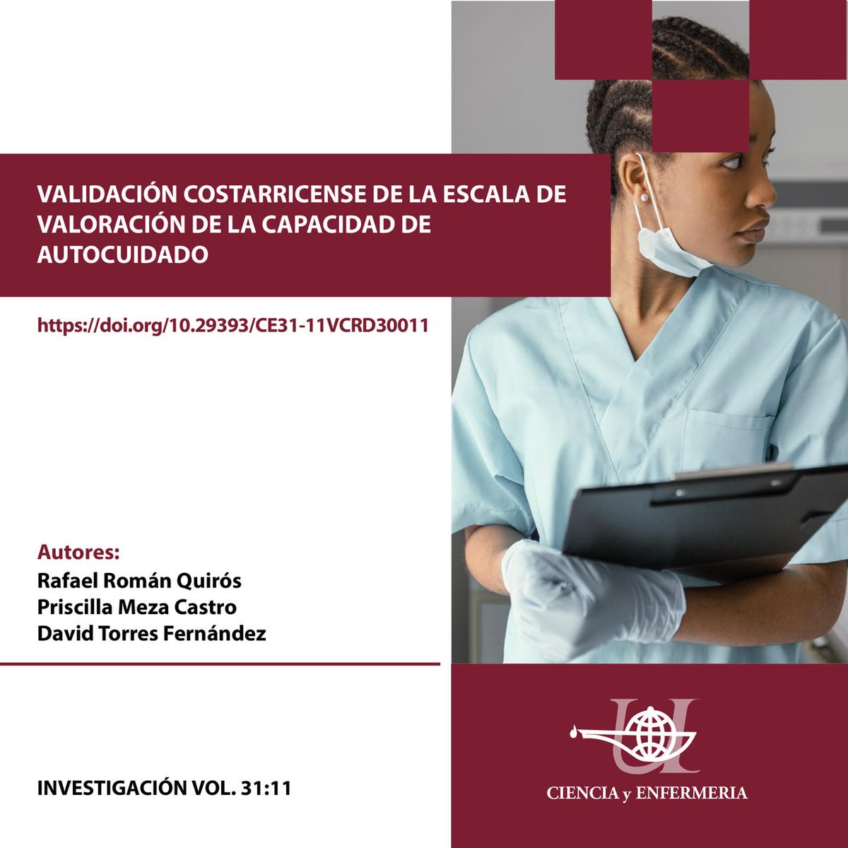 🧠📚 ¡Nueva publicación! 📝

📌 VALIDACIÓN COSTARRICENSE DE LA ESCALA DE VALORACIÓN DE LA CAPACIDAD DE AUTOCUIDADO

Autores: Román-Quirós 🇨🇷, Meza-Castro 🇨🇷, Torres-Fernández 🇨🇷.

📖 doi.org/10.29393/CE31-…

#Investigación #saludmental #autocuidado #costarica #ciencia #salud