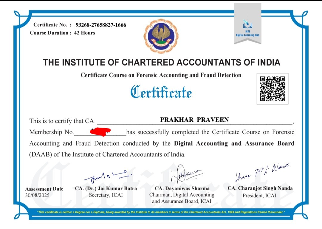 its_caprakhar's tweet photo. 🌐 Professional Milestone 🌐
Thrilled to be awarded the FAFD Certificate by ICAI!
Ready to enhance trust, transparency &amp; governance.

#ICAI #FAFD #FraudDetection #ca #calife #professional https://t.co/WyJs4fyYza