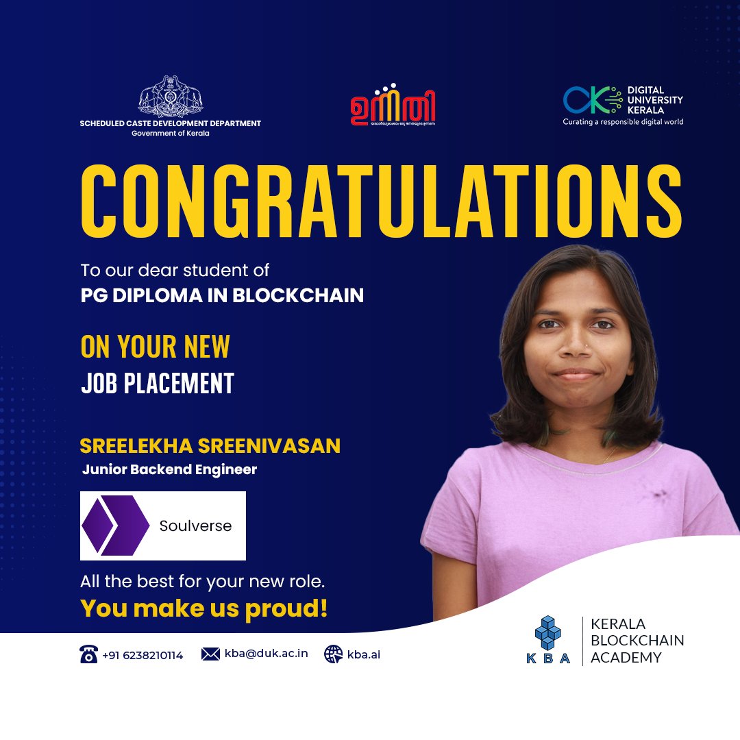 kbaiiitmk's tweet image. 🎉 Congratulations to our PG Diploma in Blockchain student, Sreelekha Sreenivasan, on securing her role as a Junior Backend Engineer at Soulverse! 🚀
#SoftwareDeveloper #Career #Tech #Jobs #duk #engineer #Blockchain #Developer #PMAJAY #KBA #SCDD #WomenEmpowerment #PlacementUpdate