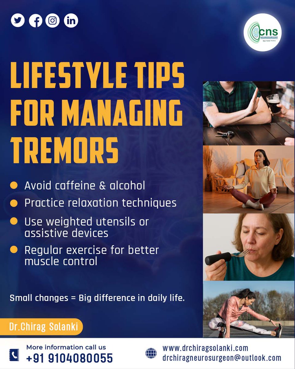 dr_cns's tweet photo. Lifestyle Tips For Managing Tremors

Tremors can affect daily life, but with the right habits, you can manage them better:

✔️Avoid caffeine &amp; alcohol
✔️Practice relaxation techniques
✔️Use weighted utensils or assistive devices
✔️Regular exercise for better muscle control https://t.co/6FMNmYL8n6