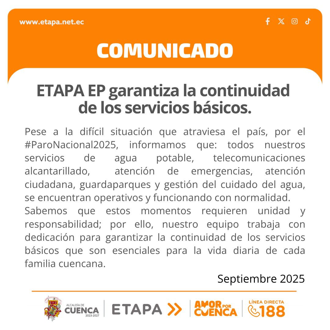 🗣️ COMUNICADO  

Pese a la situación nacional, seguimos operando con normalidad. ETAPA EP garantiza el agua para #Cuenca. 🚰

#OrgullosamenteCuencanos 💛❤️

<a href="/czamoramatute/">Cristian Zamora M</a> 
<a href="/MunicipioCuenca/">Municipio Cuenca</a>