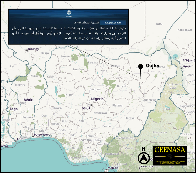 CEENASA396971's tweet photo. #NIGERIA🇳🇬
On Sept 29, #ISWAP claims to have attacked a Nigerian army patrol with an IED, in #Gujba, in #Yobe province, in Sept 27 https://t.co/pxk6BmOth5