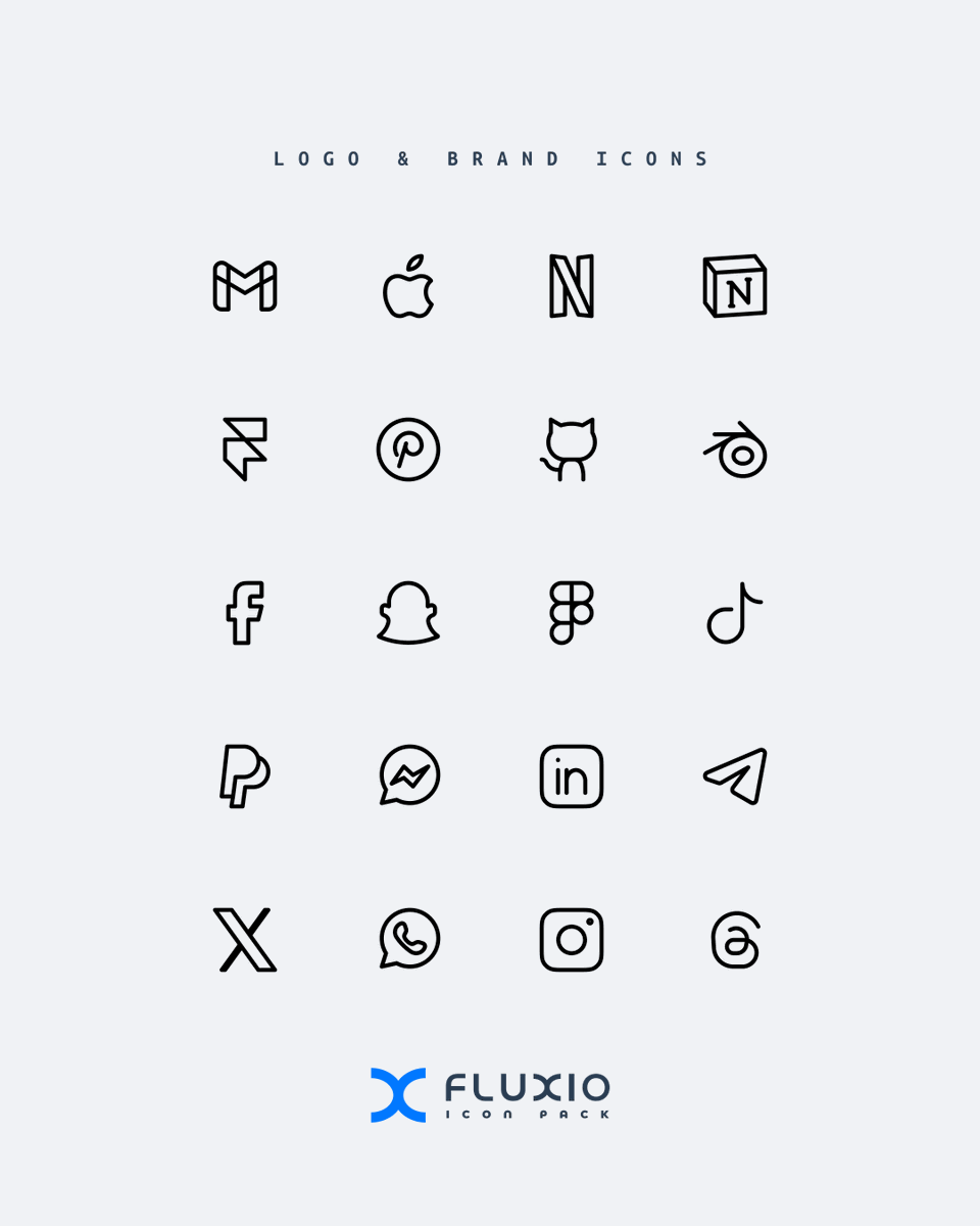 Logo &amp; Brand Icons Collection
From social media to global brands — our icon pack brings you clean, scalable logo icons. Perfect for UI kits, mockups, and presentations.
#BrandIcons #UIDesign #FluxioIcon #uxtrends