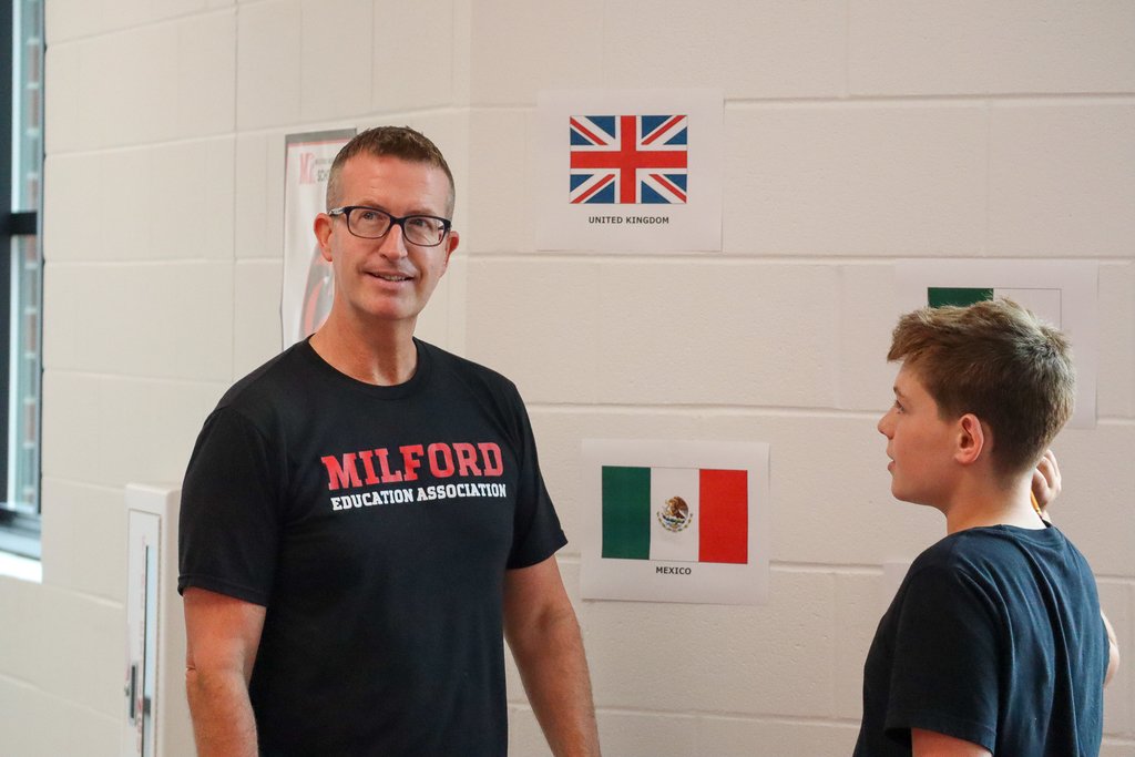 Mr. Fitzhugh’s 6th-graders turned the Falcon section of Milford Middle into a world tour as they reviewed the five themes of geography. Using a scavenger hunt with world flags as clues, students worked together to connect locations, places, and regions to real-world examples!