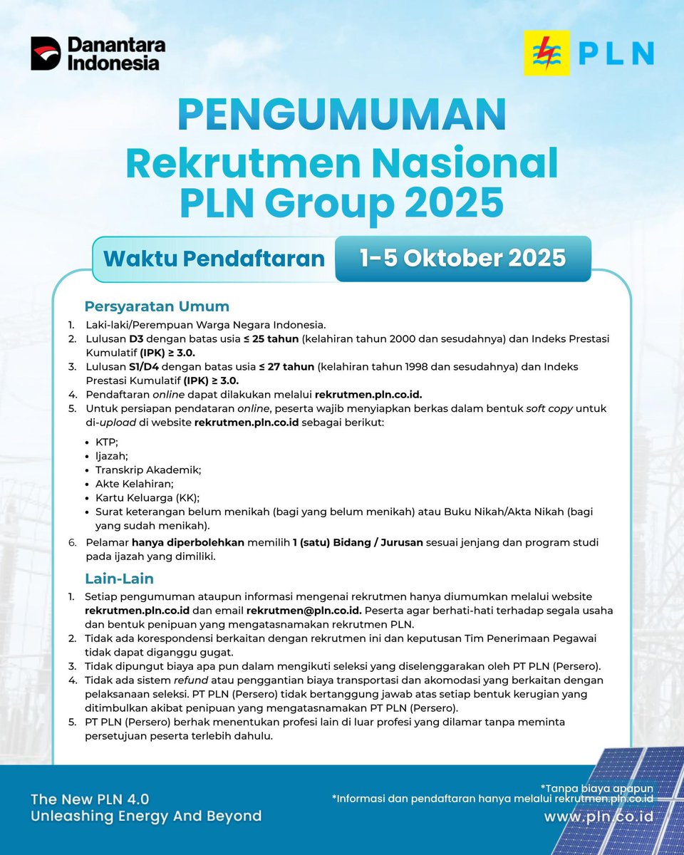 rizki__yansyah's tweet photo. Rekrutmen Nasional PLN Group 2025

Rekrutmen Nasional PLN Group 2025 resmi dibuka.

Cek persyaratannya, ya. Untuk informasi lengkapnya, kunjungi: https://t.co/BAb67ku1CW

Jadilah bagian dari perjalanan besar menghadirkan energi untuk seluruh negeri.

#RekrutmenPLN2025 https://t.co/LY9H09NzUj