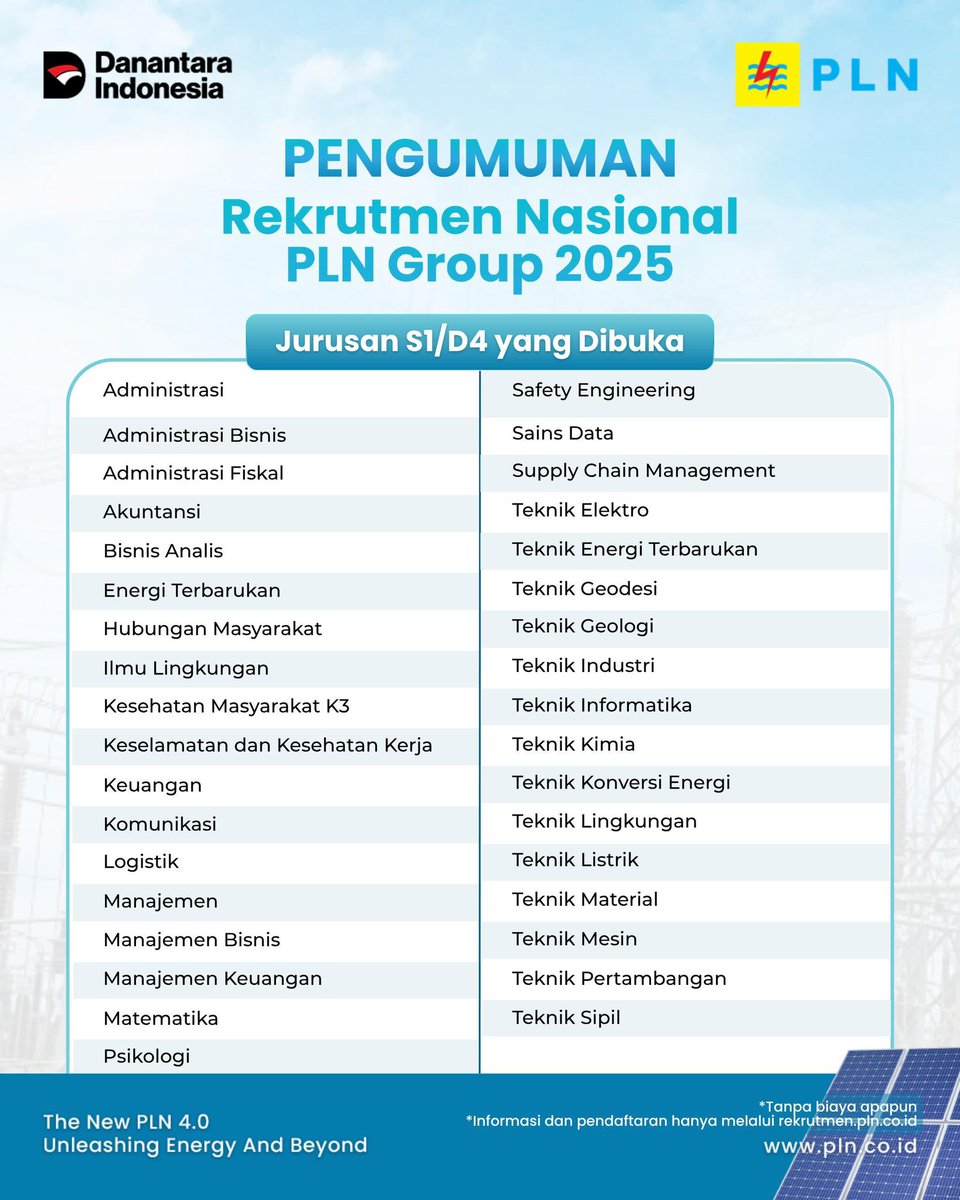 rizki__yansyah's tweet photo. Rekrutmen Nasional PLN Group 2025

Rekrutmen Nasional PLN Group 2025 resmi dibuka.

Cek persyaratannya, ya. Untuk informasi lengkapnya, kunjungi: https://t.co/BAb67ku1CW

Jadilah bagian dari perjalanan besar menghadirkan energi untuk seluruh negeri.

#RekrutmenPLN2025 https://t.co/LY9H09NzUj