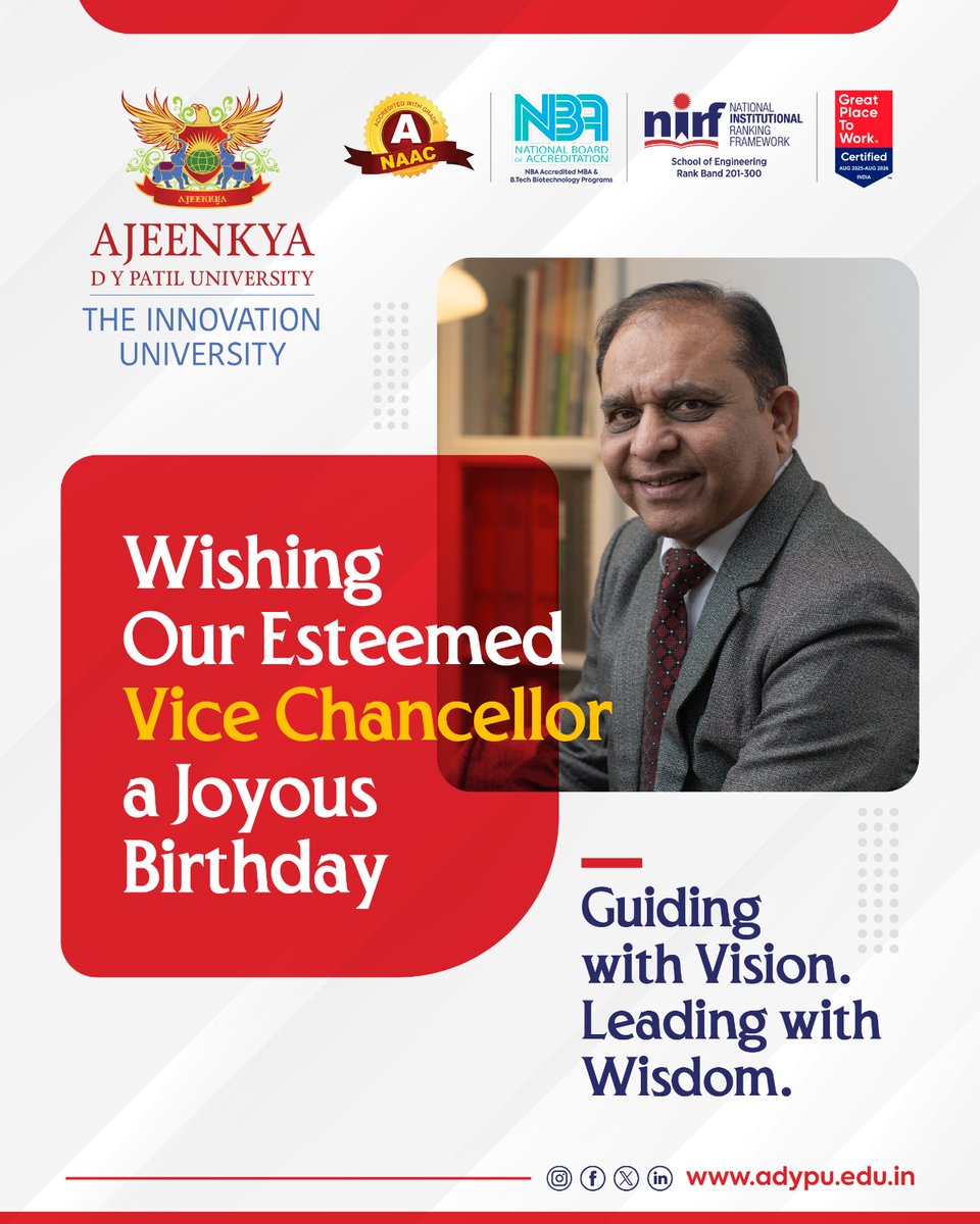 Wishing our respected Vice Chancellor, Dr. Rakesh Kumar Jain, a very Happy Birthday!
Your unwavering commitment to excellence continues to guide ADYPU toward new horizons.
#AjeenkyaDYPatilUniversity #HappyBirthday #ViceChancellor #DrRakeshKumarJain #LeadershipWithVision #ADYPU