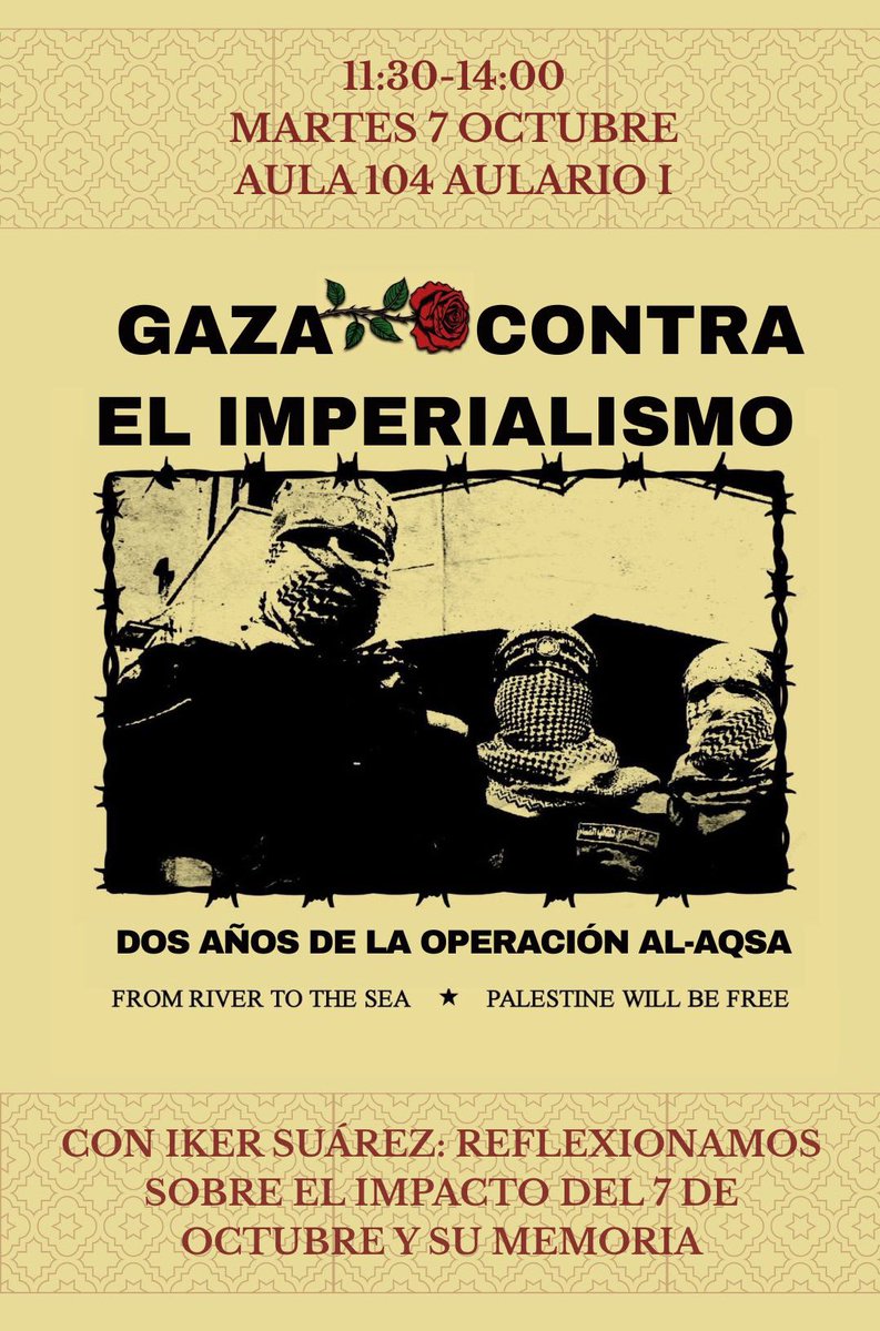 🇵🇸El próximo martes nos reunimos para reflexionar, dos años después, sobre cómo el 7 de octubre marcó un punto de inflexión en Palestina y en la solidaridad internacional.

📚Con <a href="/ikersuarz/">Iker Suárez</a>  y <a href="/URJCombativa/">URJCombativa</a>, abordaremos su memoria y el papel de las acampadas universitarias.