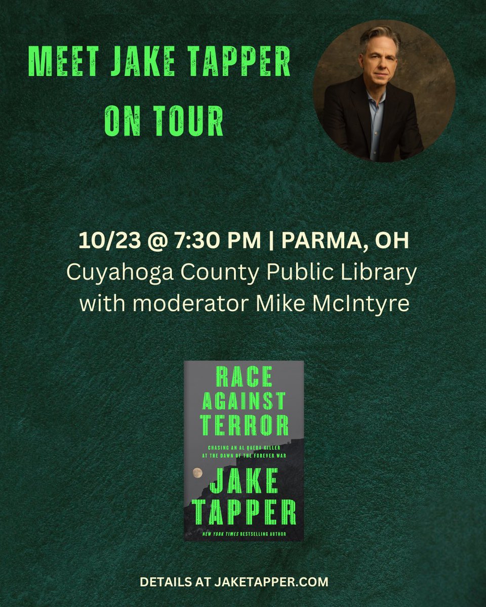 jaketapper's tweet image. CLEVELAND!

Come say hi as I talk about my new true crime thriller, the war on terror, and much more! 

Tickets here: eventbrite.com/e/author-event…