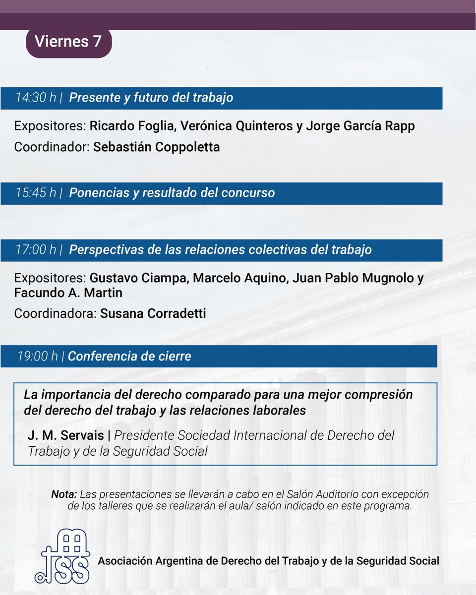 ✅ Programa completo del XXV Congreso Nacional de Derecho del Trabajo y de la Seguridad Social.
🗓️ 5, 6 y 7 de noviembre
📍 Facultad de Derecho - Universidad de Buenos Aires
🌍 Información, por mail a contacto@aadytss.org.ar o a través de la página web aadtyss.org.ar