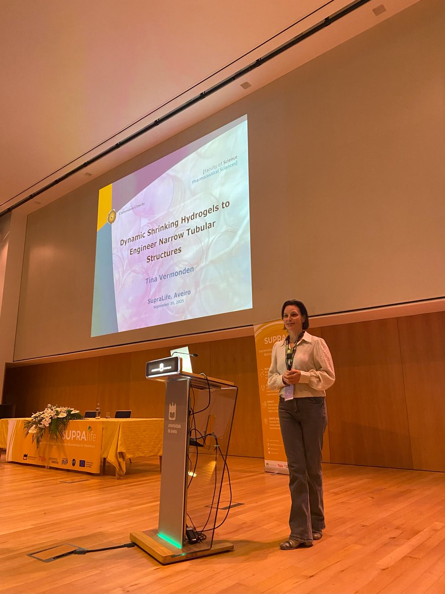 🔬 <a href="/TVermonden/">Tina Vermonden</a> presented dynamic shrinking hydrogels for engineering tubular architectures at the <a href="/SupraLife_EU/">SupraLife</a> Final Conference. Exciting future for regenerative medicine happening at <a href="/UniUtrecht/">Utrecht University</a> !
#SupraLife #FinalConference #ConferenceDay2
<a href="/COMPASS_RG/">COMPASS</a>, <a href="/ciceco_ua/">CICECO – Aveiro Institute of Materials</a>, <a href="/UnivAveiro/">Universidade Aveiro</a>
