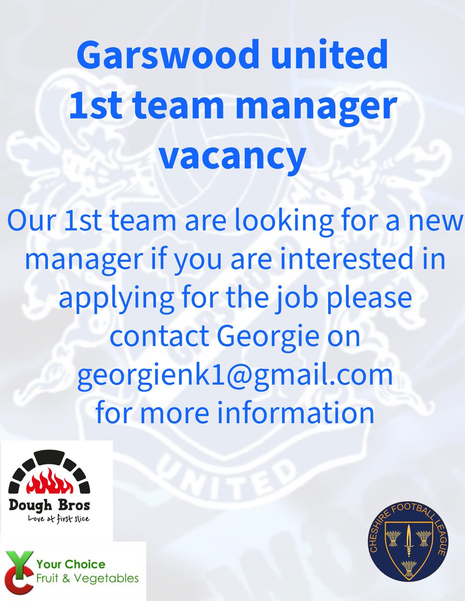 1st team manager vacancy. 
Please contact Georgie on georgienk1@gmail.com for more information🔵⚪️
<a href="/CheshireFL/">Cheshire Football League ⚽️</a>