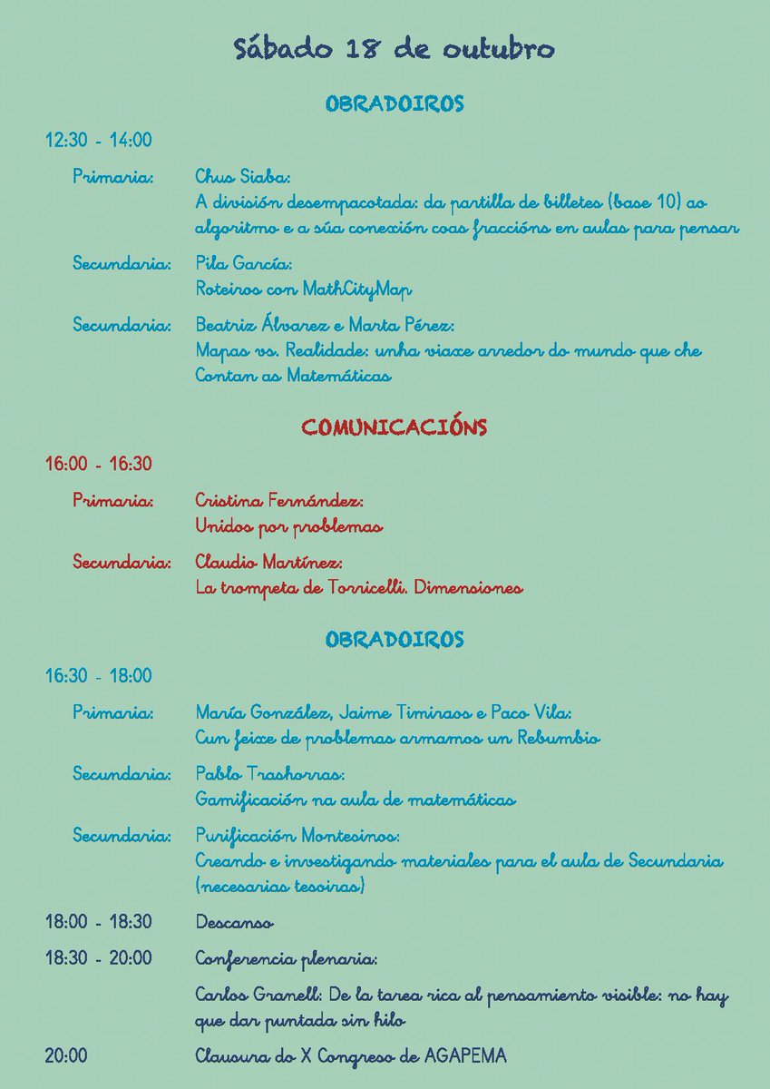📢🥁 Soan os tambores... velaquí está o programa completo do X Congreso de AGAPEMA!
#congresoagapema #educacionmatematica #outubro #lugo