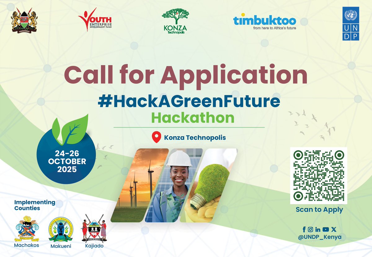 📢 Calling all young innovators!

The #HackAGreenFuture Hackathon, hosted at the #timbuktoo GreenTech Hub in Konza Technopolis, will take place from October 24 to 26, 2025.

This innovation sprint will bring together bright minds to design AI and data-driven solutions. Here is