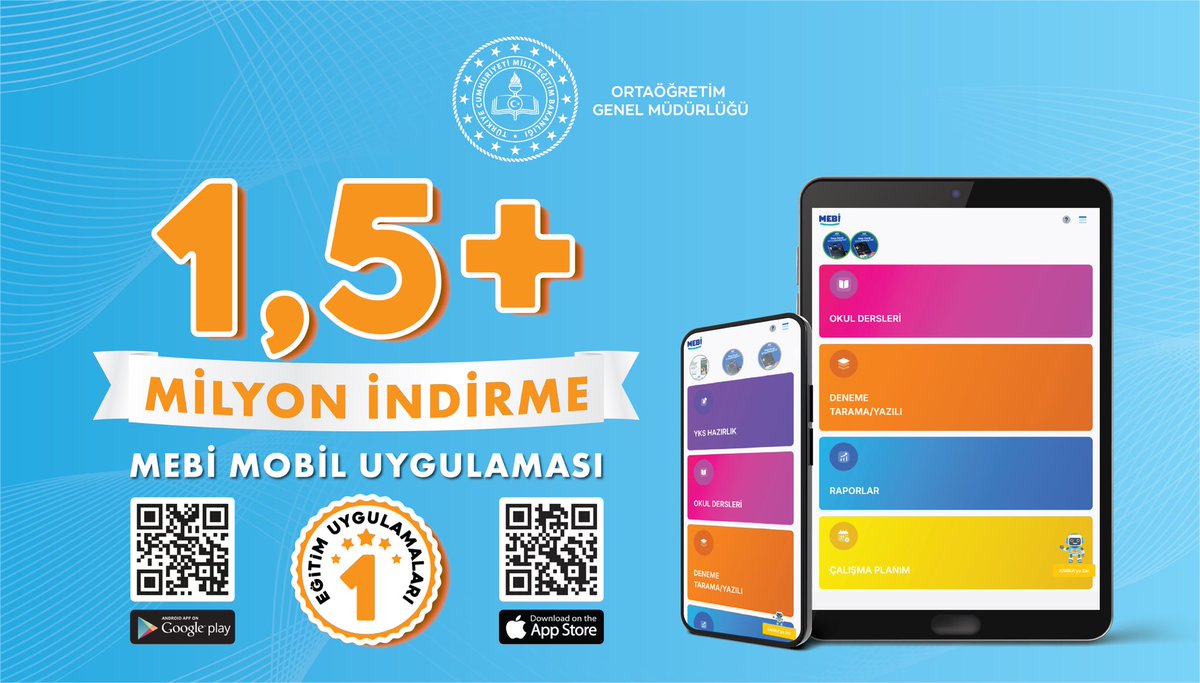 📱  MEBi’ye yoğun ilgi !

MEBİ mobil uygulaması 1,5 milyon indirmeyi aştı! 🚀

YKS ve LGS’ye hazırlık, zengin içerikler, kişiselleştirilmiş öğrenme ve daha fazlası MEBİ’de!

Sen de hemen indir, öğrenmeye istediğin yerden devam et! 📚✨

Siteyi ziyaret etmek için: