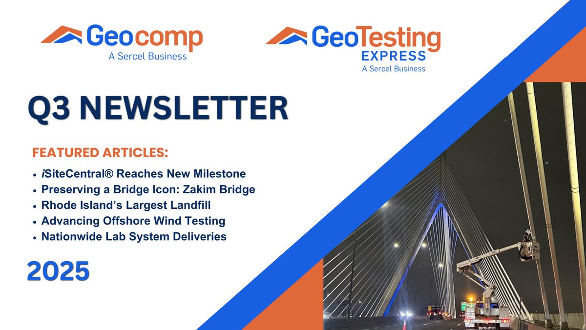 GeocompInc's tweet image. @GeocompInc Q3 Highlights: From iSiteCentral® nearing 2B readings to Zakim Bridge monitoring, landfill expansion in RI, offshore wind research, and delivering shear testing systems—our team is pushing boundaries below the surface. Read more: hubs.la/Q03LvGQM0