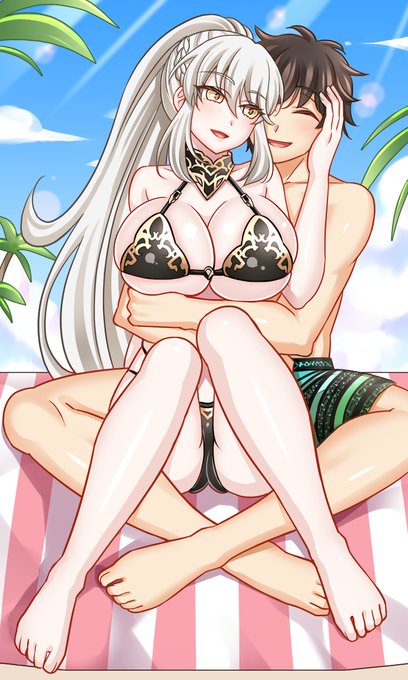 「アルトリア・オルタ(ランサー)とマスターのラブラブ」 Skebでリクエストを頂き描いた作品です。 FGOのアルトリア・オルタ(ランサー)とマスターが海辺でラブラブとしてる内容です。