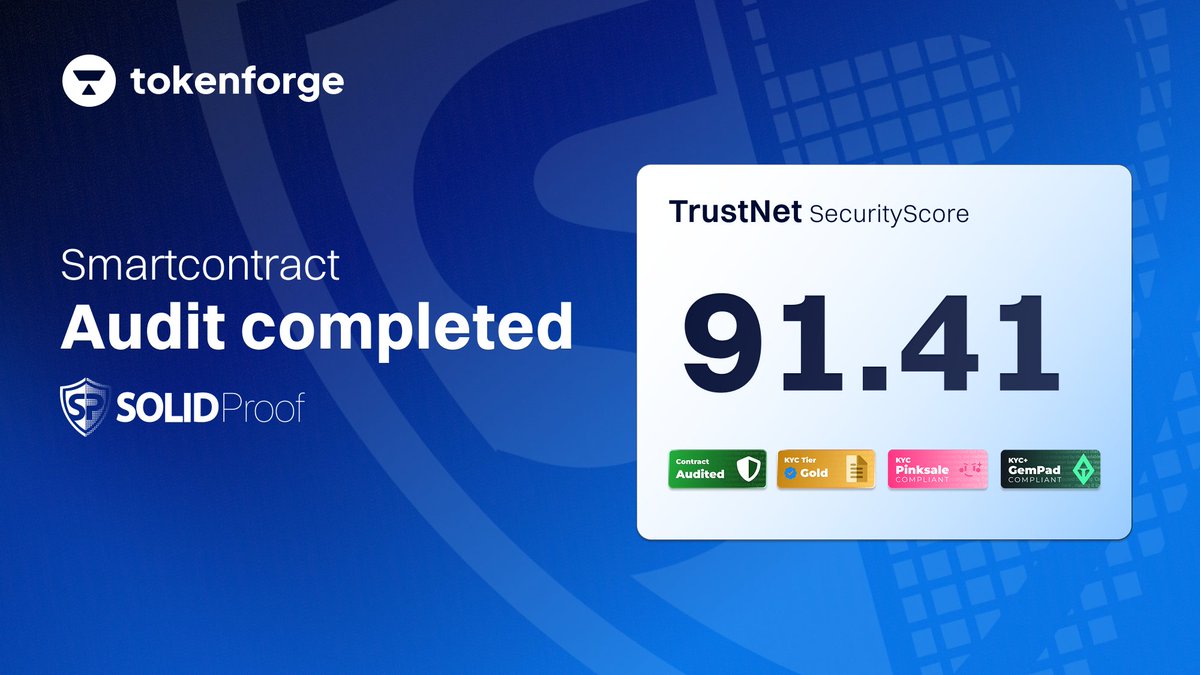 tokenforge's tweet image. TKFG Smart Contracts Successfully Audited ✅

The buy, vesting and claim contracts powering our MiCAR-compliant Presale have been reviewed by @SolidProof_io with a excellent result of 91.41 – one of the top ratings issued to date.

Built for usage. Verified for compliance. Ready…