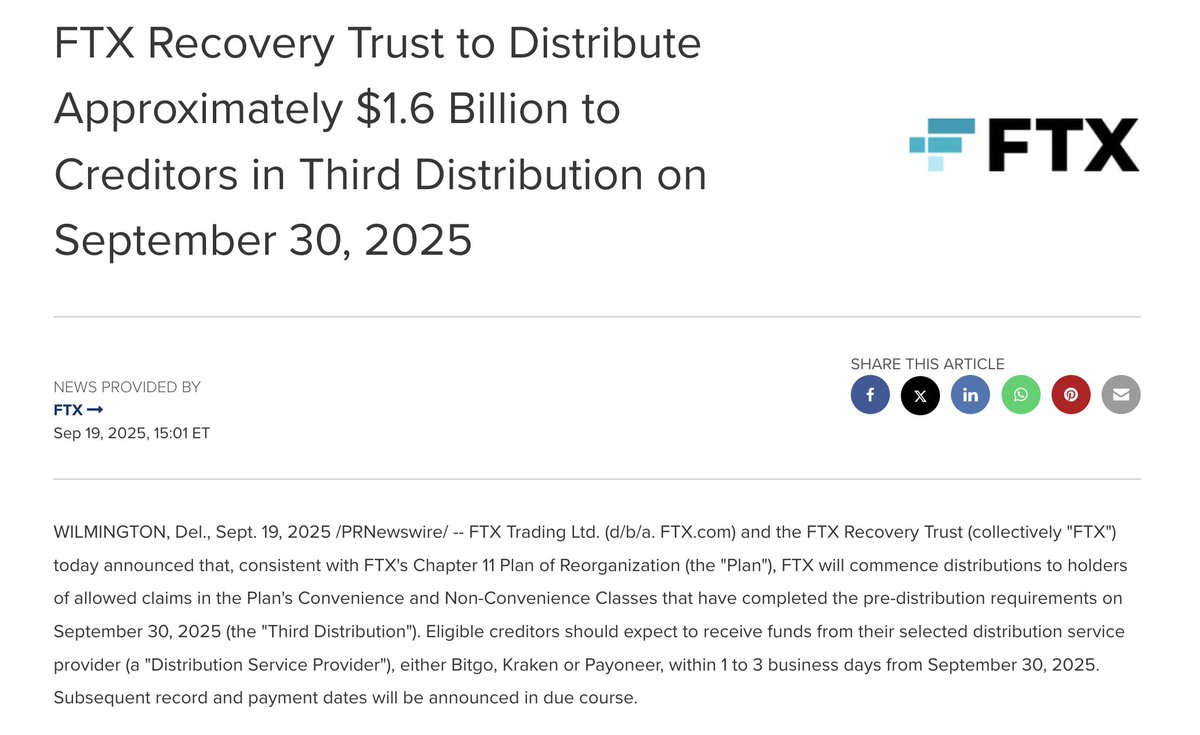 FTX TO DISTRIBUTE $1.6B TO CREDITORS TODAY The FTX Estate will begin making  creditor distributions of approximately $1.6B of cash and/or stablecoins  today through Bitgo, Kraken and Payoneer, with creditors receiving the