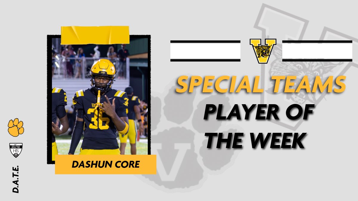 🚨Special Teams Player of the Week🚨

Congratulations to freshman Dashun Core on being named special teams player of the week after leading our special teams with multiple tackles and a forced fumble to start the game ‼️ #GoCats #DATE