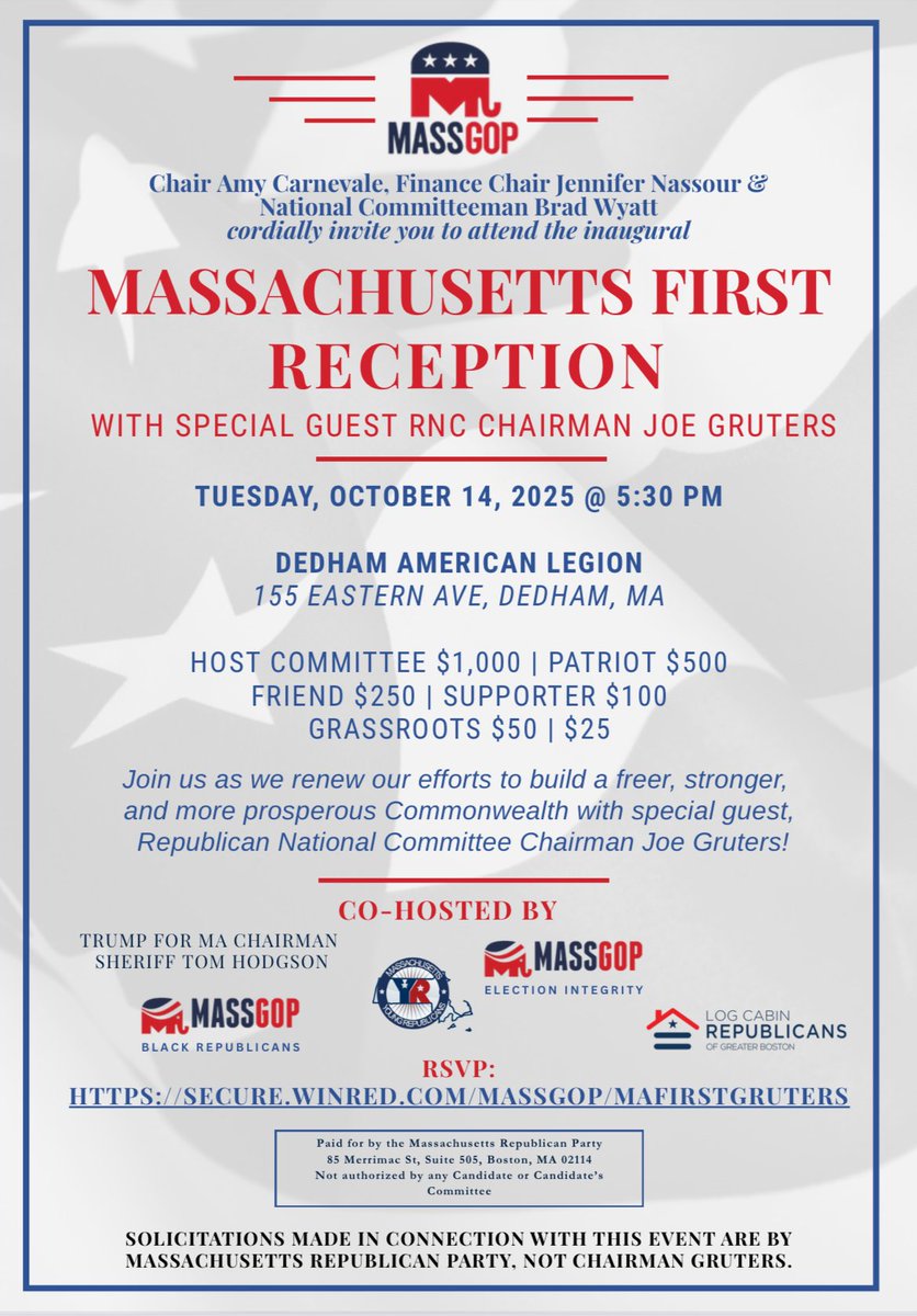 LogCabinGB's tweet photo. We are proud to join the @massgop and co-host the Massachusetts First Reception featuring RNC Chairman @JoeGruters! 🐘🇺🇸 #mapoli
📅 October 14
⏰ 5:30
📍Dedham American Legion, 155 Eastern Ave, Dedham
https://t.co/JMrYbWxYqb
#massgop #logcabingb https://t.co/pahLCfFJY1
