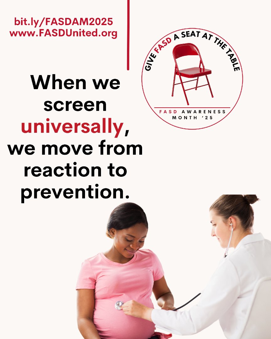 FASDUnited's tweet image. Prevention starts with awareness. 🩺 Universal screening for #FASD isn’t about blame—it’s about early support and timely intervention that can change lives. Give FASD a seat at the table: bit.ly/FASDAM2025 #FASDUnited #FASDAwarenessMonth #Prevention