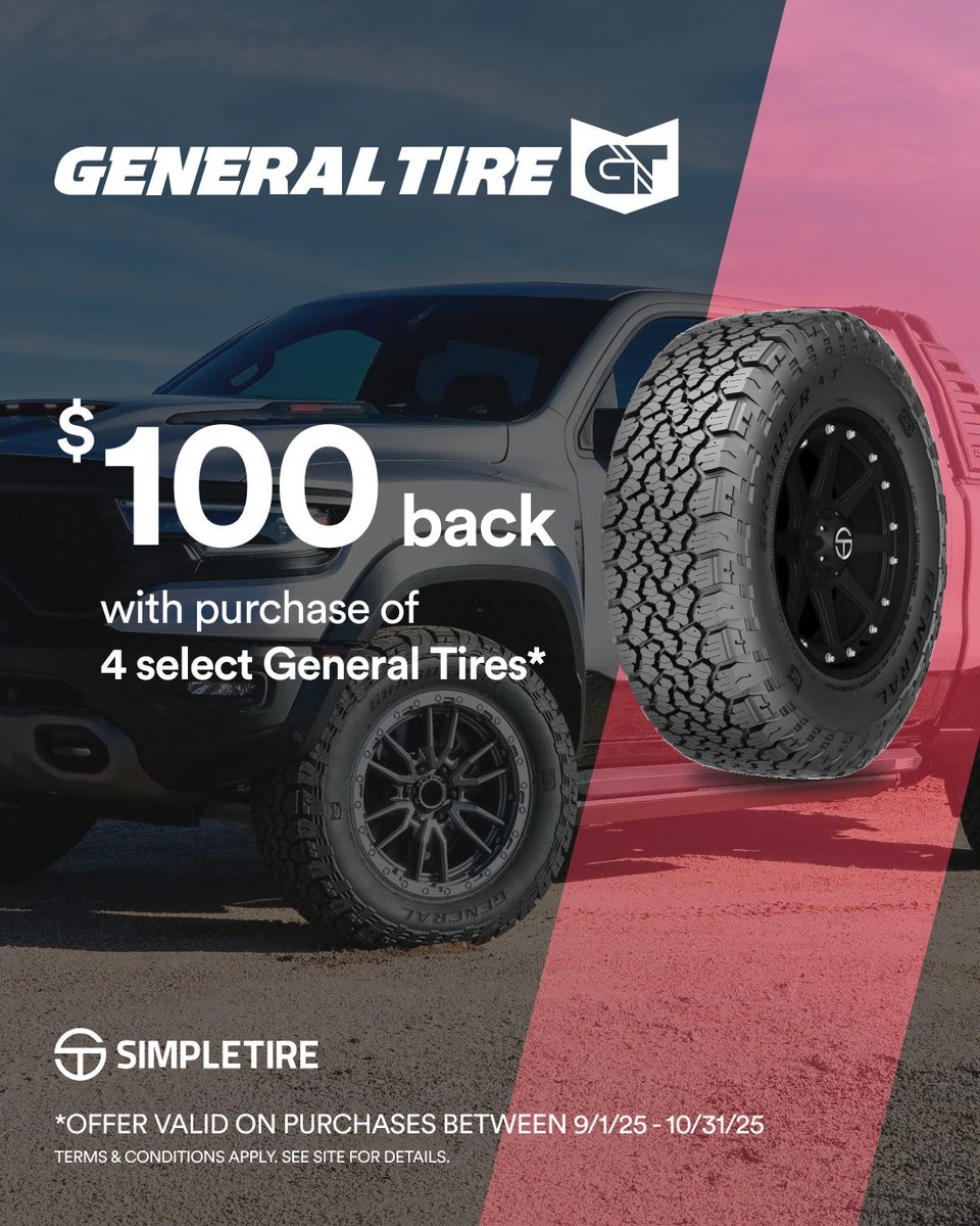 SimpleTire's tweet photo. Your workhorse deserves the best! 💪 @GeneralTire delivers the toughness & grip your truck needs for every job & every adventure! Tap our link below to get $100 back when you purchase (4) select #GeneralTires! 🛞
.
.
🔗: https://t.co/bgGB7tuCKV https://t.co/Fl113a6evb