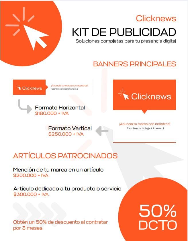 ClicknewsCL's tweet photo. ¡Destaca tu marca con el Kit de Publicidad de Clicknews! 

Descubre soluciones completas para tu presencia digital: banners principales y artículos patrocinados desde $180.000 + IVA. Elige entre formato horizontal, vertical, menciones o artículos dedicados. https://t.co/KXoAB1kBZX