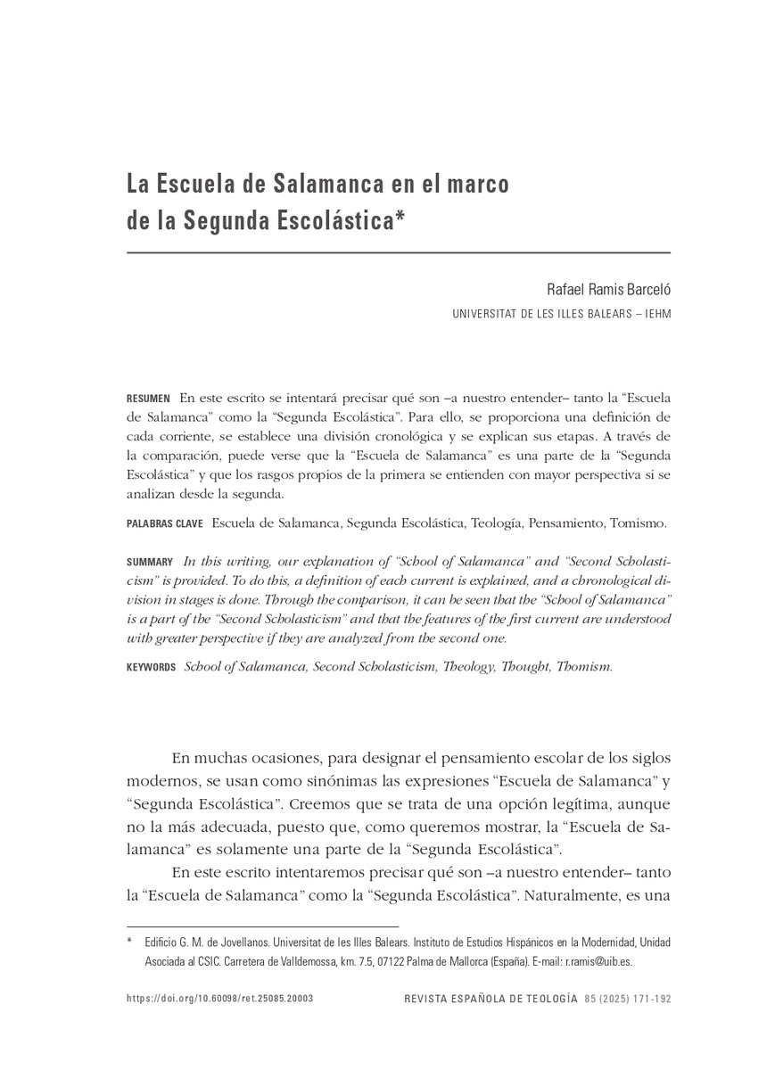 Muy contento de compartir mi trabajo "La Escuela de Salamanca en el marco de la Segunda Escolástica", que acaba de aparecer en la "Revista Española de Teología". Puede consultarse íntegramente aquí:
academia.edu/144223820/La_E…