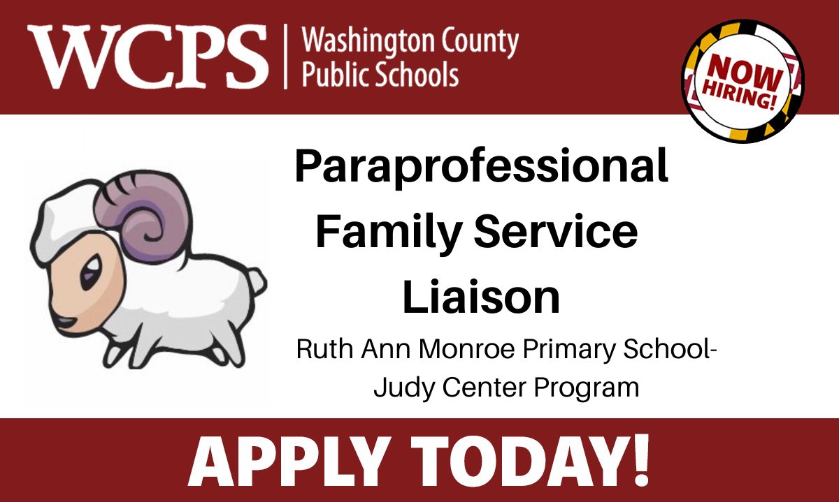 Ruth Ann Monroe Primary School-Judy Center Program is accepting applications for Paraprofessional Family Service Liaison. Apply today at wcpshr.com