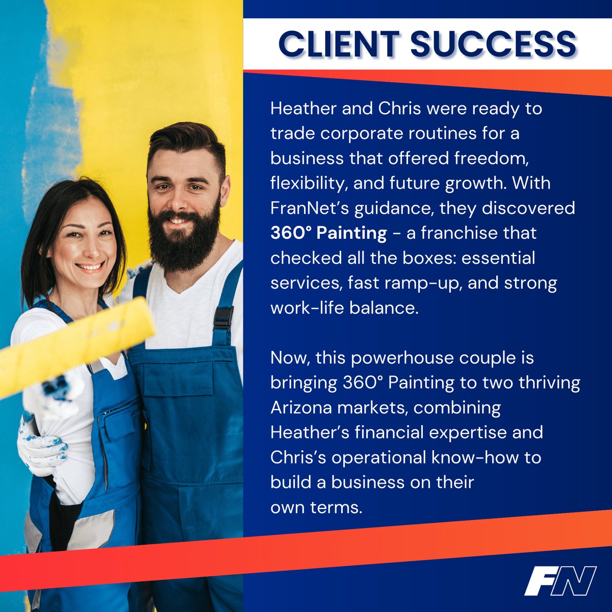 FranNetNeIa's tweet image. Congrats to Heather &amp;amp; Chris on launching their 360° Painting business in two booming markets! 

I’m so glad they reached out to us - helping smart, driven people step into the business of their dreams is the best part of what I do.

#FranNet #FranchiseConsultant